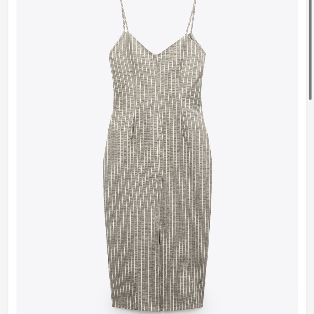 Zara striped tan and white cotton midi dress NWT - Picture 4 of 10